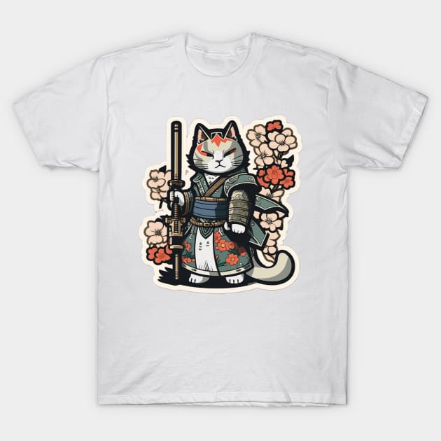 Samurai Feline: Japanese Warrior Cat Sticker T-Shirt by cptpuggles